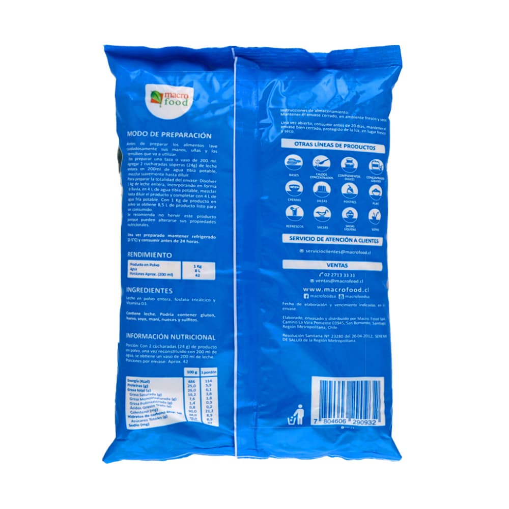 Leche entera en polvo Macro Food (1 kg / 2.2 lb) - 2