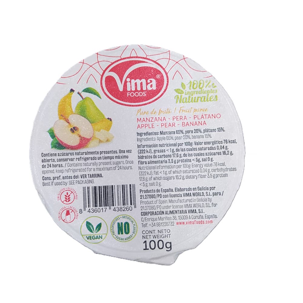 Puré de fruta manzana - pera y plátano Vima Foods (100 g / 3.52 oz)