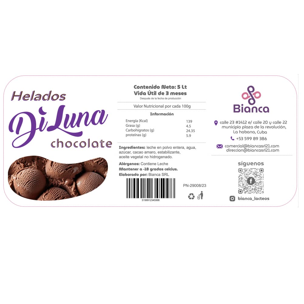 Helado sabor chocolate DiLuna (2.25 L) - 2