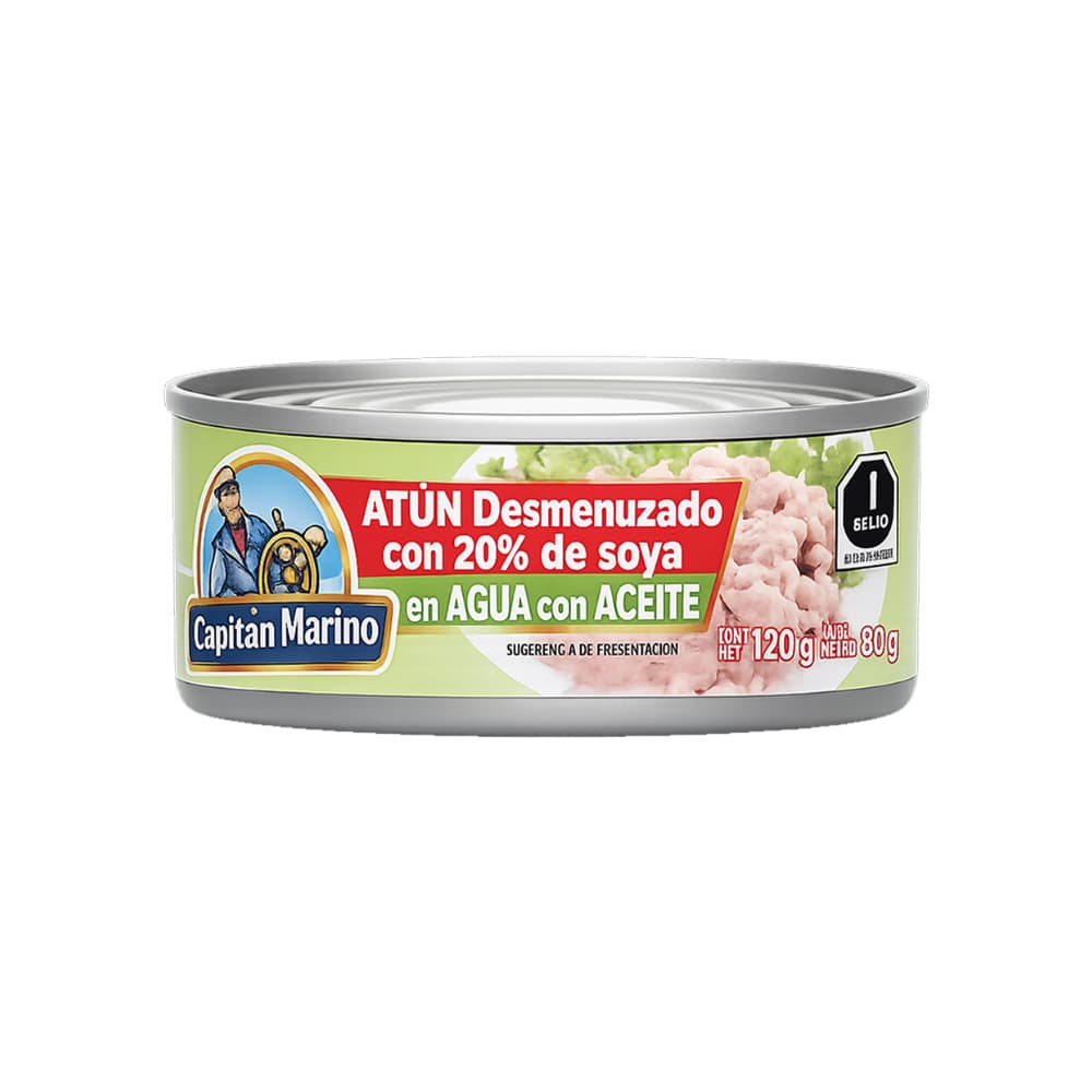 Atún desmenuzado con 20% de soya en agua con aceite Capitán Marino (120 g / 4.2 oz)