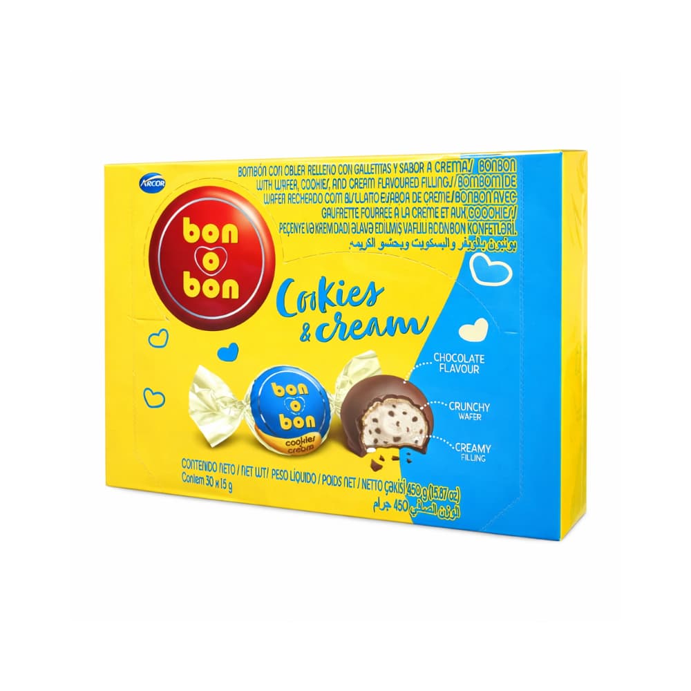Caja de bombones con oblea rellenos con galletitas y sabor a crema Bon o Bon Arcor (30 x 15 g)