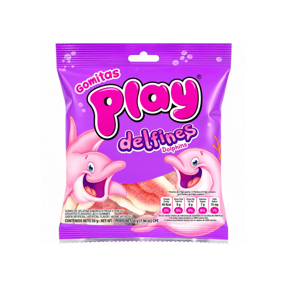 Gomitas de gelatina sabores surtidos a fresa y cereza Delfines Play (55 g / 1.94 oz)