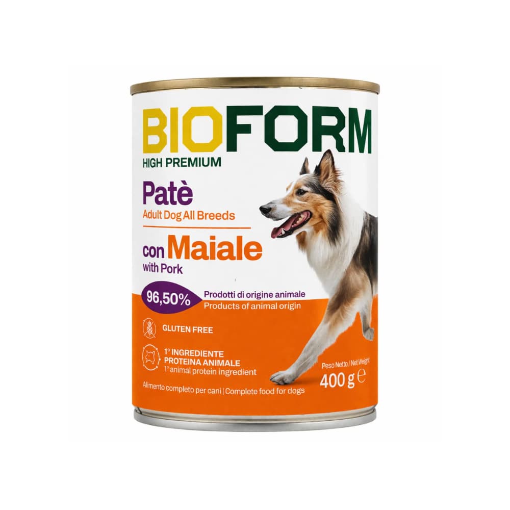 Paté comida húmeda para perros de todas las razas con sabor a Cerdo Bioform (400 g / 14.11 oz)