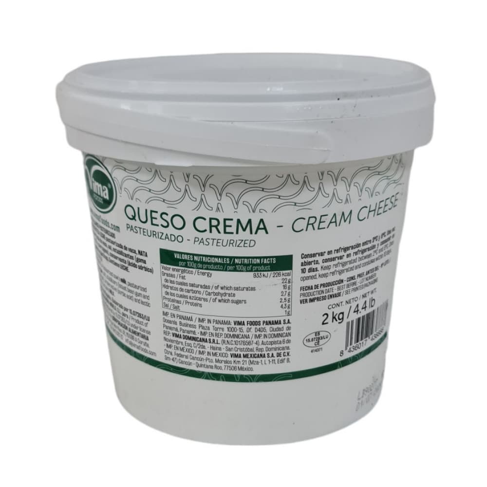 Queso crema pasteurizado Vima Foods (2 kg / 4.4 lb)