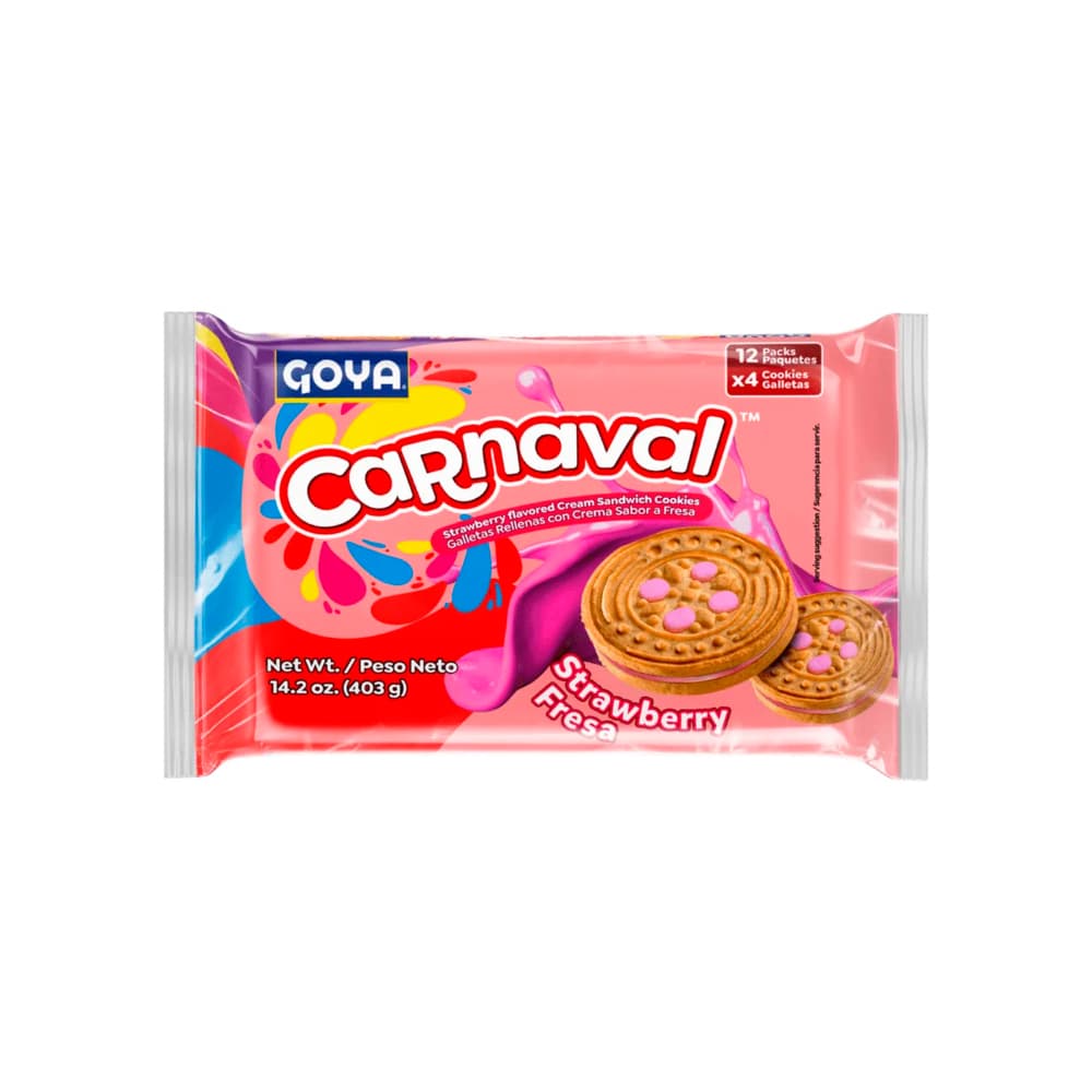 Galletas de vainilla rellenas con crema sabor a fresa Carnaval Goya (403 g / 14.2 oz)