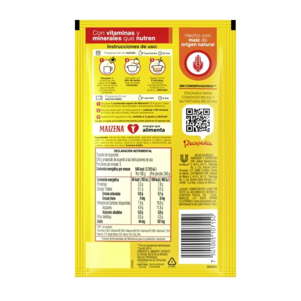 Fécula de maiz para preparar atole fortificado sabor nuez Maizena (47 g / 1.65 oz) - 5