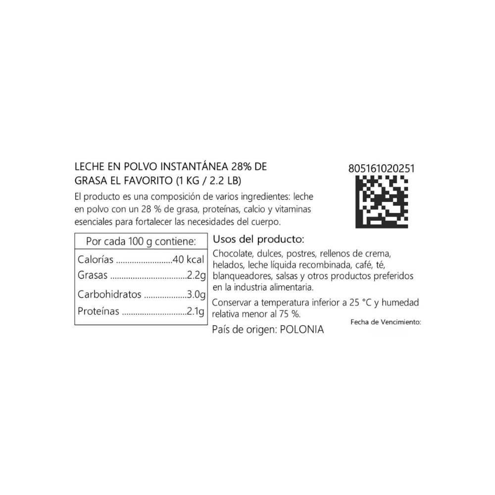 Leche en polvo instantánea 28% de grasa El Favorito (1 kg / 2.20 lb) - 4