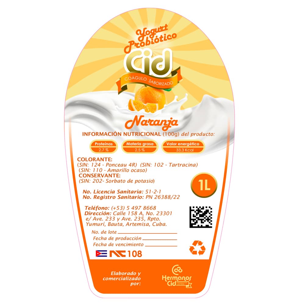 Yogurt probiótico de coágulo saborizado de naranja Cid (1 L) - 3