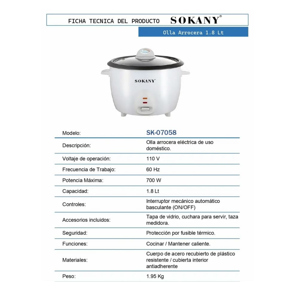 Olla arrocera eléctrica 1.8 L Sokany SK- 07058 - 3
