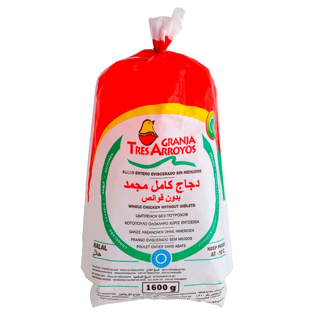 Pollo entero eviscerado sin menudos Granja Tres Arroyos (1.6 kg / 3.52 lb)