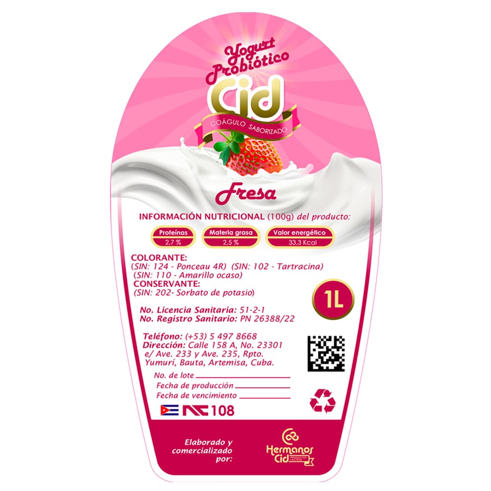 Yogurt probiótico de coágulo saborizado de fresa Cid (1 L) - 3