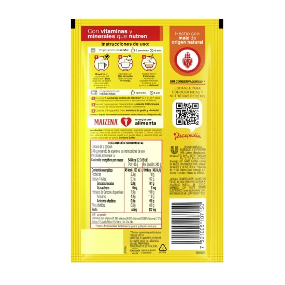 Fécula de maiz para preparar atole fortificado sabor nuez Maizena (47 g / 1.65 oz) - 2