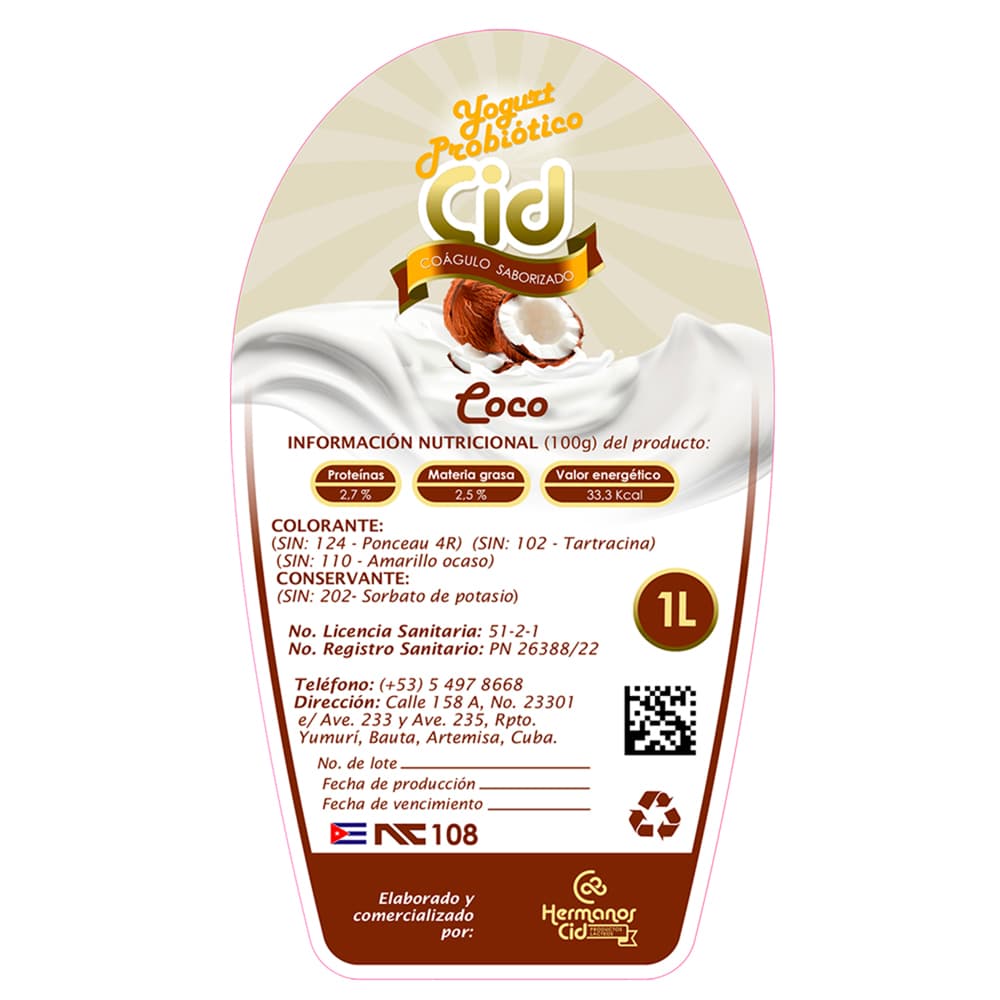 Yogurt probiótico de coágulo saborizado de coco Cid (1 L) - 3