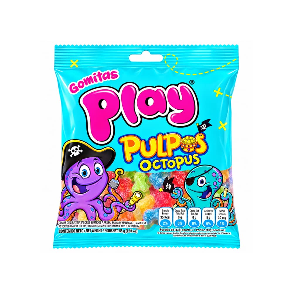 Gomitas de gelatina sabores surtidos a fresa, banano, manzana, frambuesa Pulpos Play (55g / 1.94 oz)