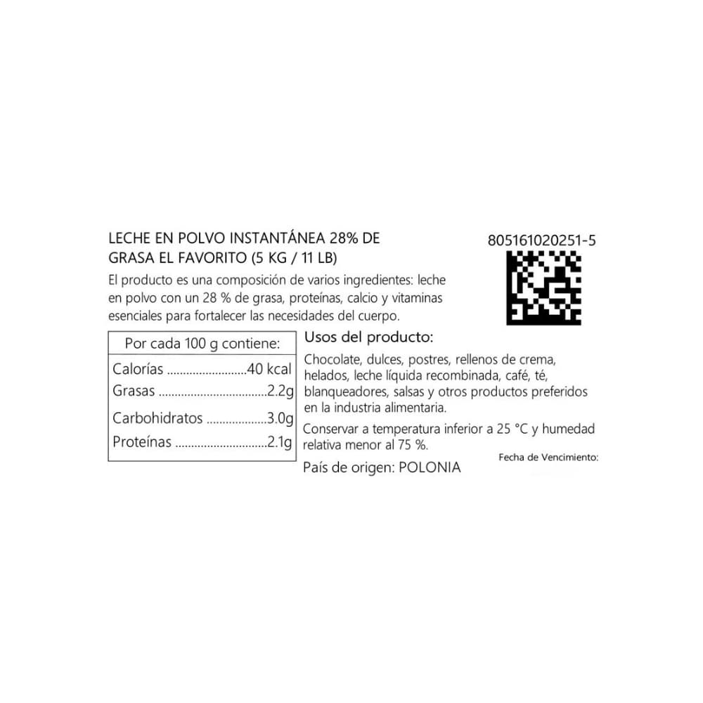 Leche en polvo instantánea 28% de grasa El Favorito (5 kg / 11 lb) - 3