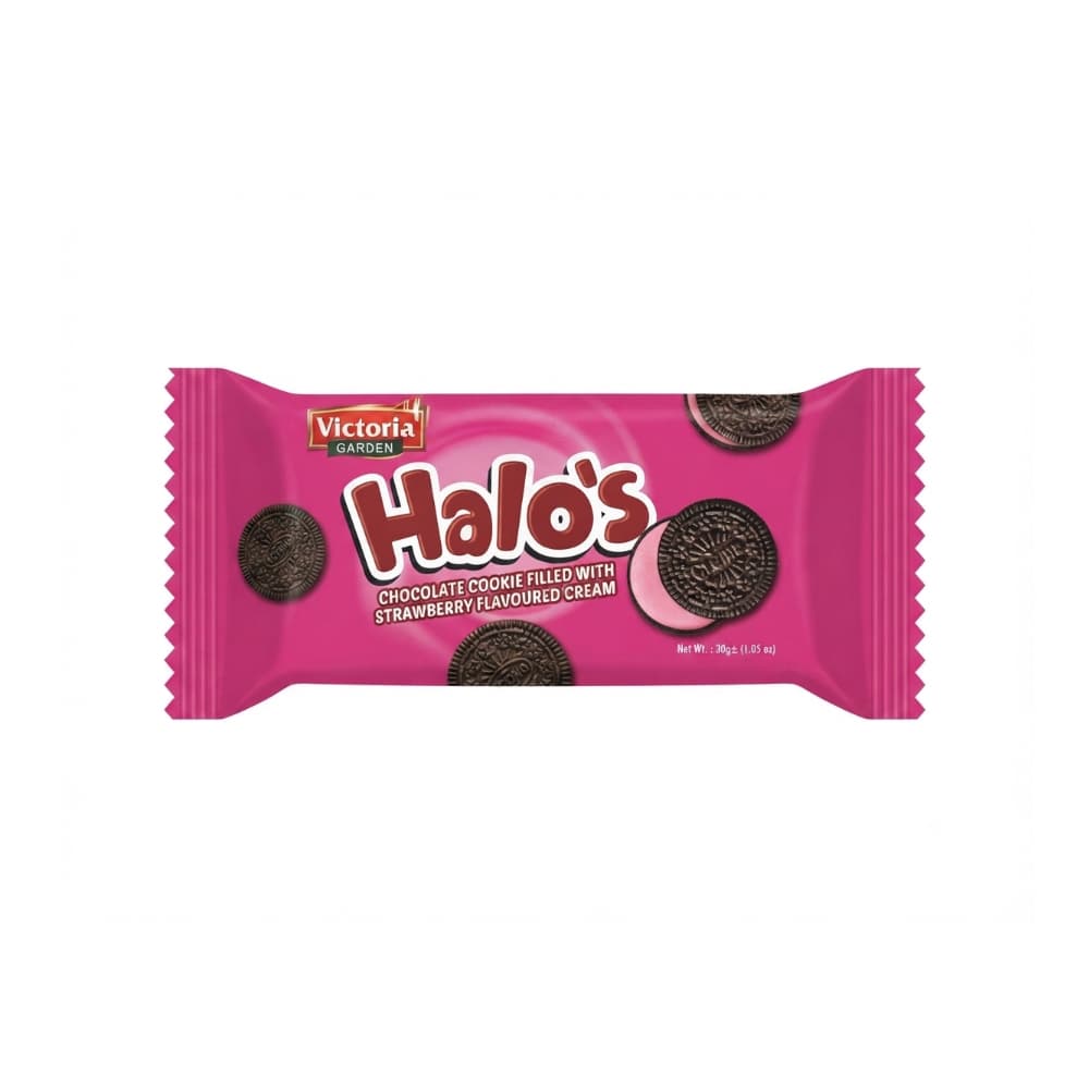 Galletas de chocolate rellenas con crema sabor fresa Victoria Garden Halo’s (30 g / 1.05 oz)