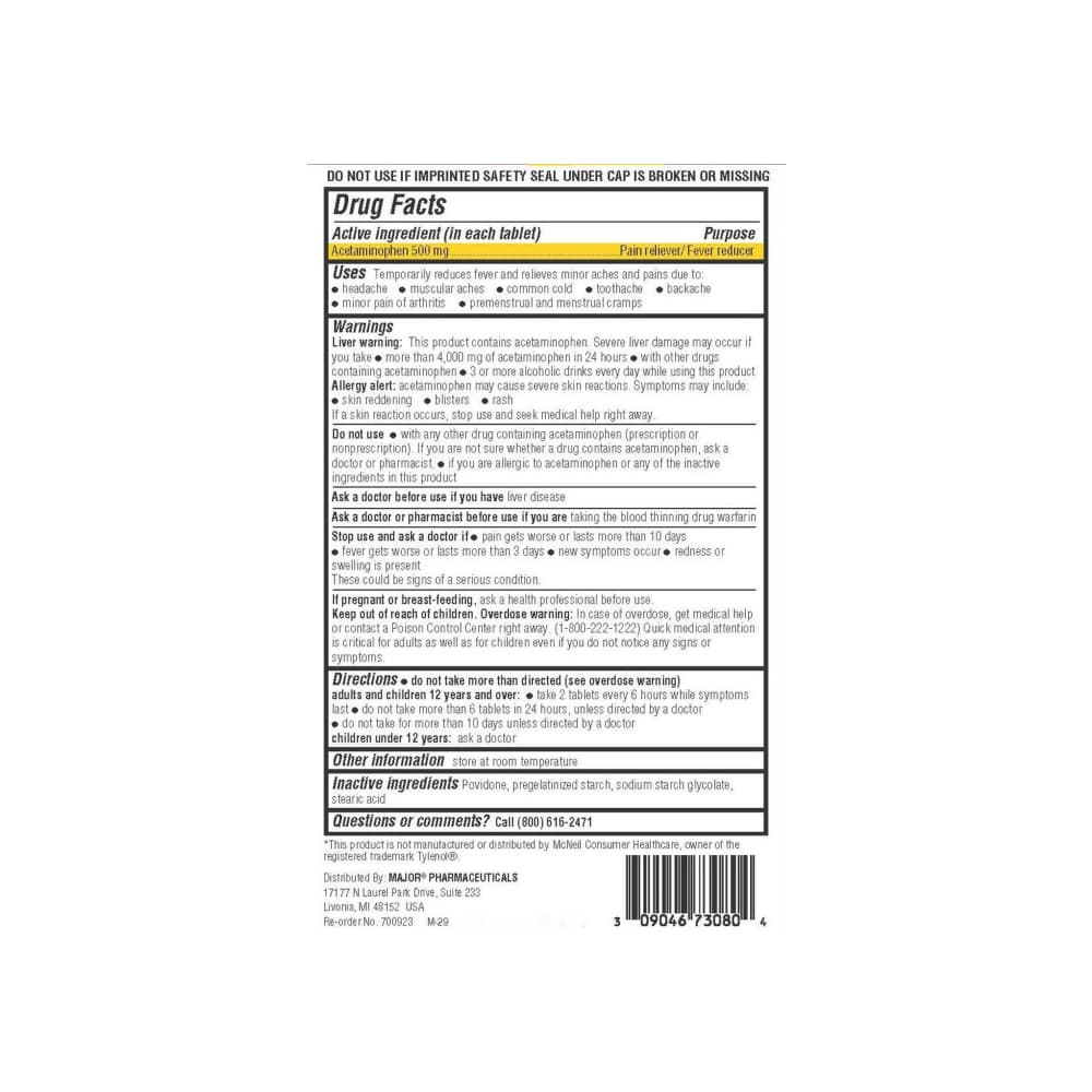 Acetaminofén sin aspirina 500 mg Major (1000 tabletas) - 2