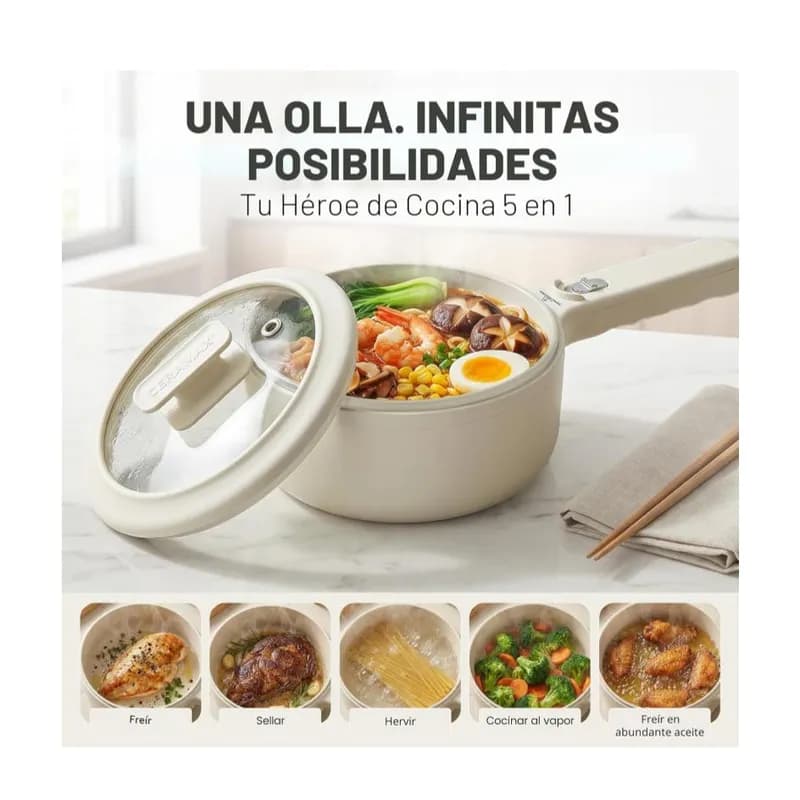 Olla eléctrica 1.5 L con tapa, vaporizador y sartén de cerámica 2 en 1 - 2